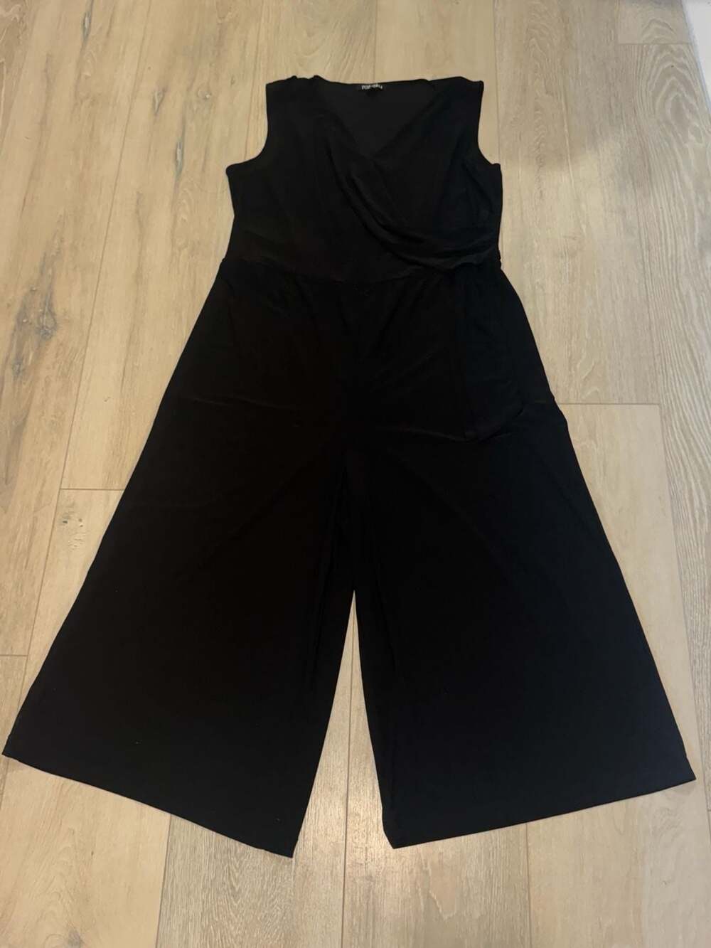 Black Wide Leg Jumpsuit Draped Neck Tie Waist Dressy Petite L